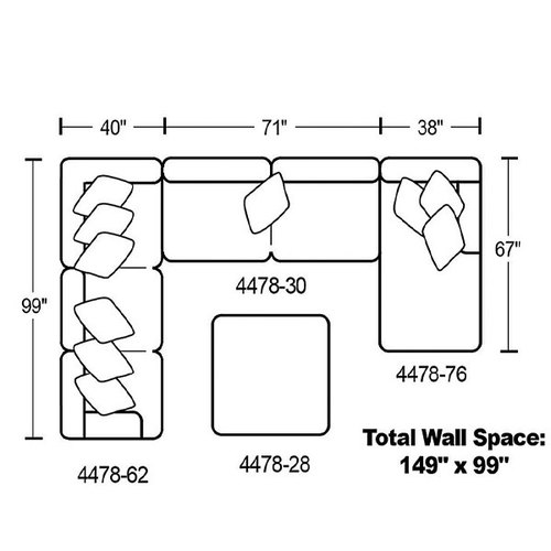 Layout G: Three Piece Sectional (Ottoman not included) 99" x 149" x 67"