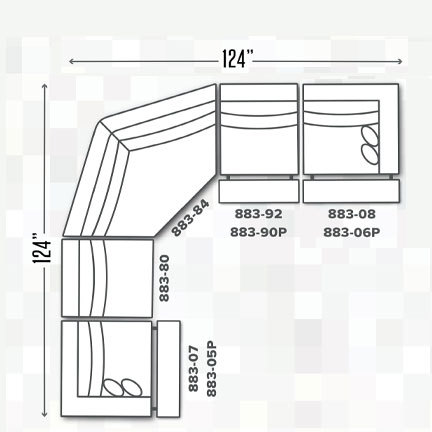 Layout E:  Five Piece Reclining Sectional 124" x 124" (3 Recliners)
