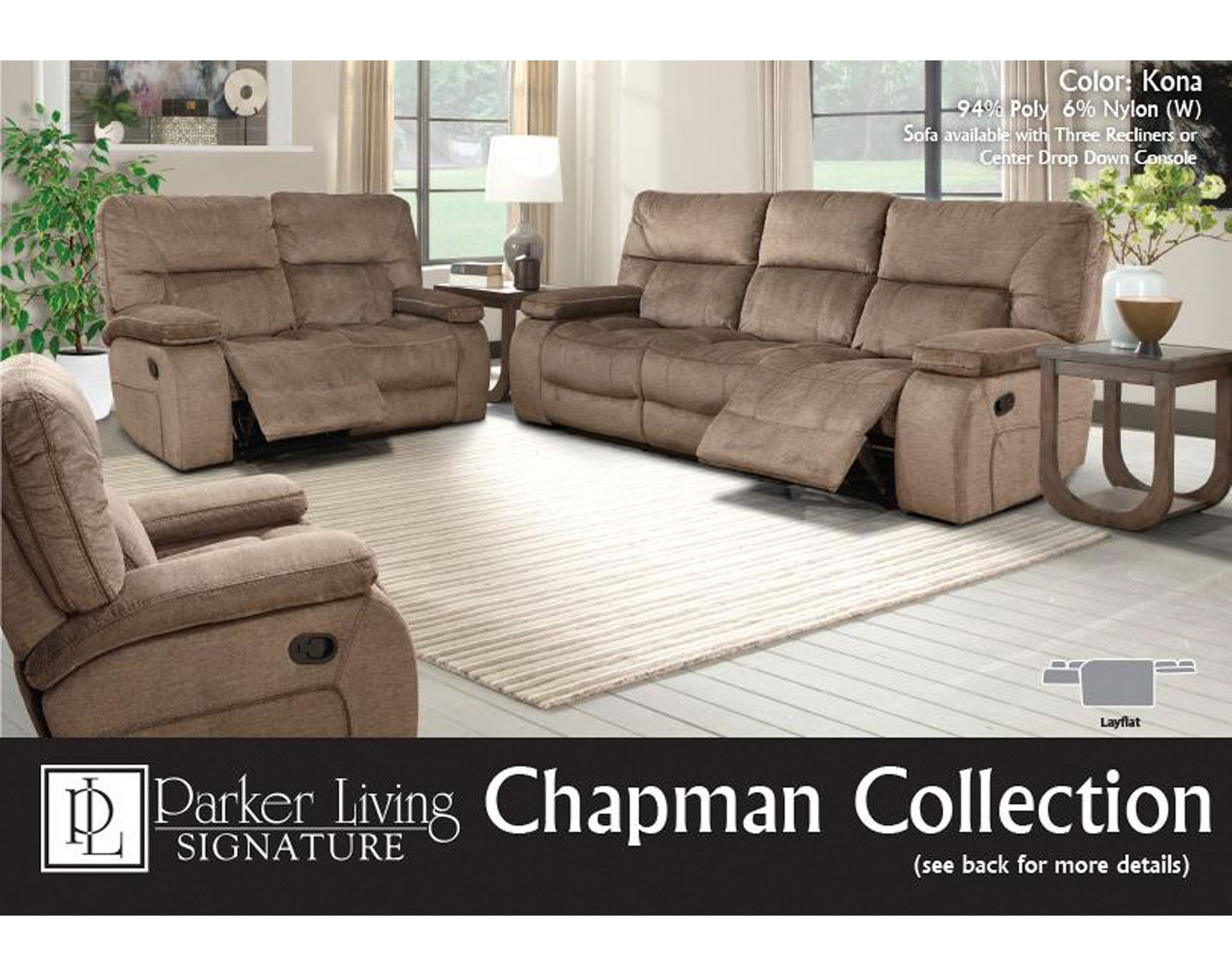 Chapman Triple Reclining Sofa in Kona Fabric Sofas and Sectionals